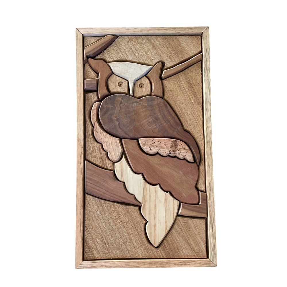Vintage Hand Crafted Wooden Owl Art Brown Tan - Picture 2 of 6